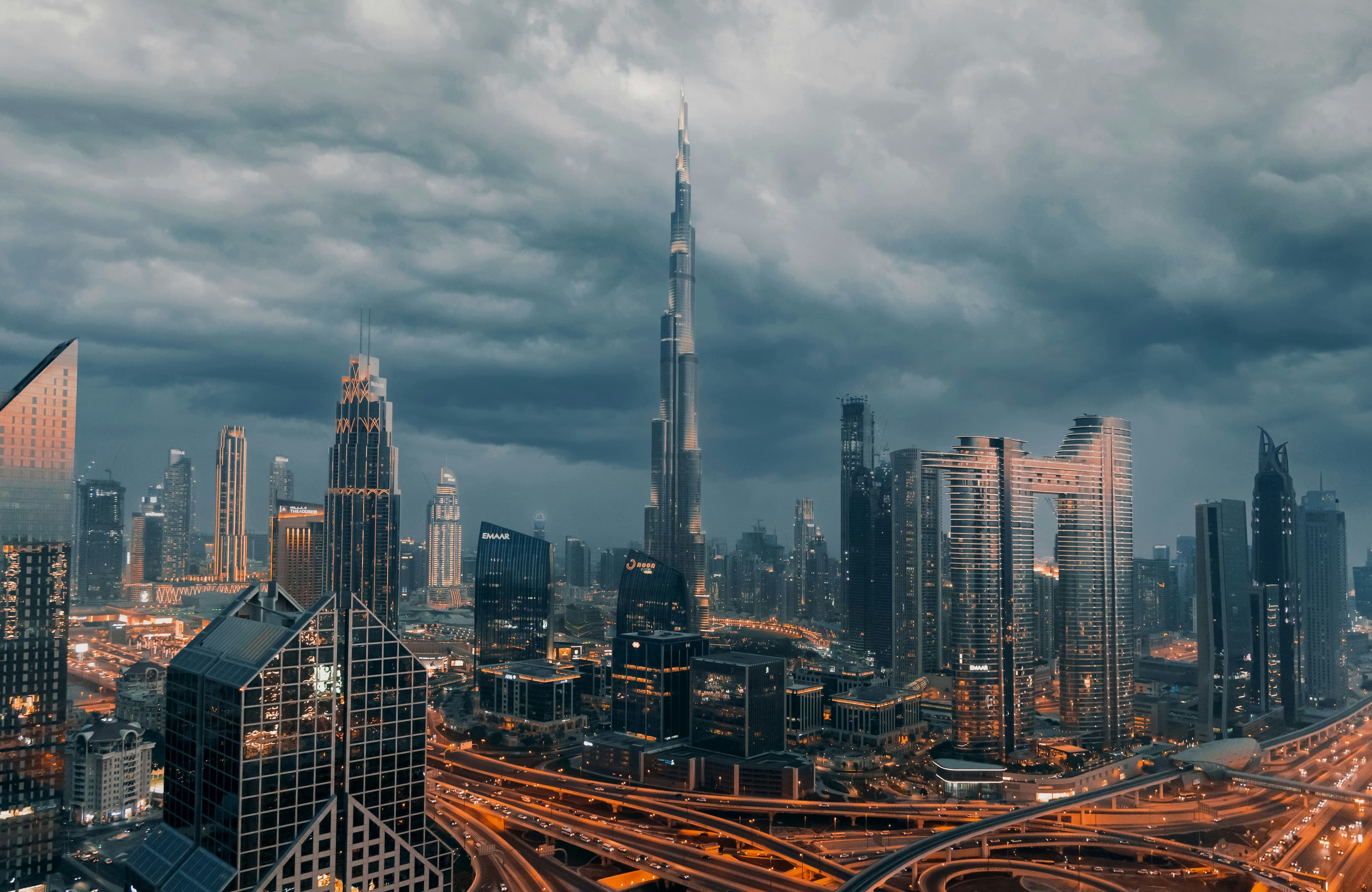 Downtown Dubai Aerial Skyline and Highway Architecture